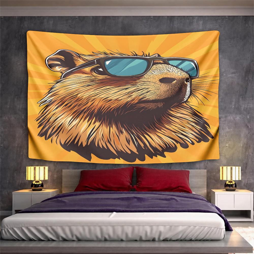 Cool Capybara with Sunglasses Pop Art Wall Tapestry Animal Portrait on Orange Sunburst Decor for Bedroom Dorm Room Gift