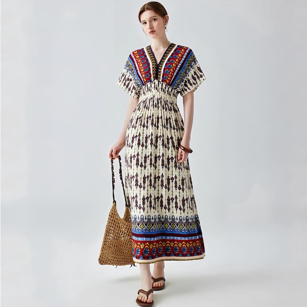 Bohemian-Style Cotton-Silk V-Neck Batwing Print Dress Summer Casual Vacation Beach Dress