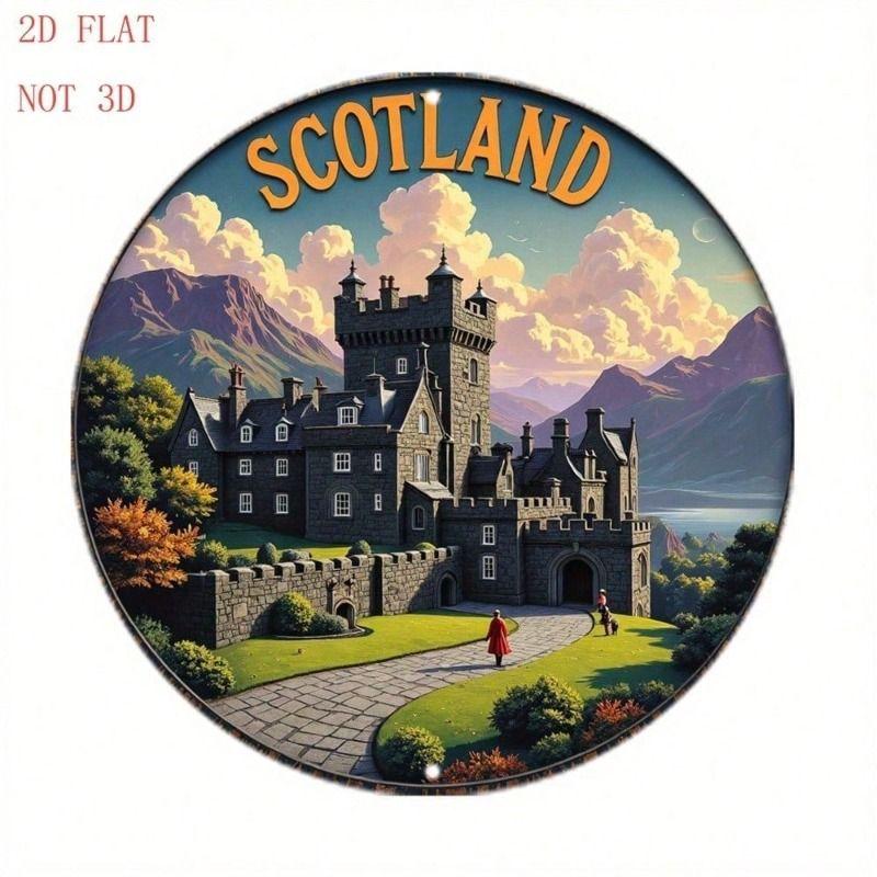 Metal Poster Wall Art Vintage Scotland Map Eilean Donan Castle Loch Ness Round Rustic Decor Aluminum 8 Inch