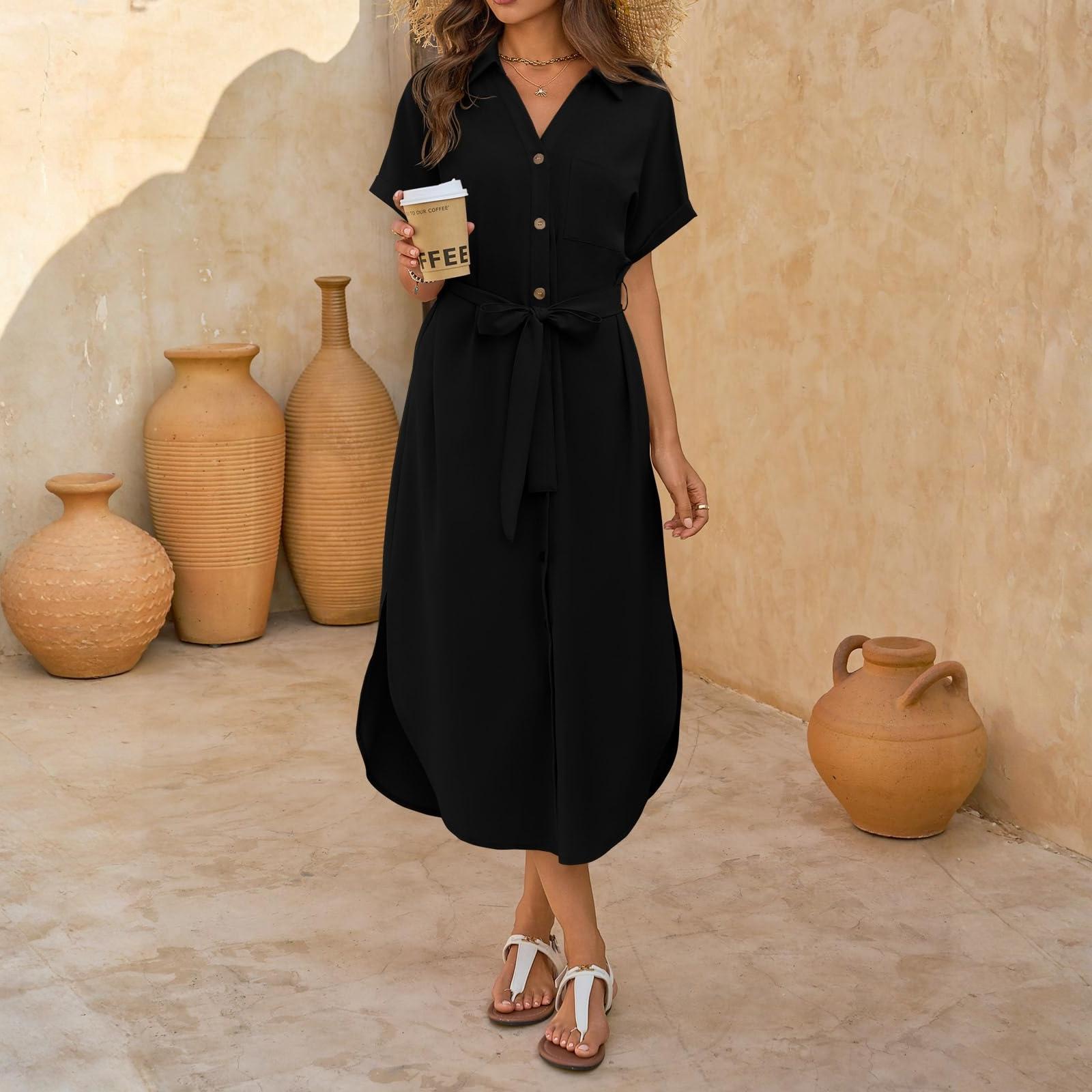 Women s Fashionable Casual Button-up Mid-length Dress XXL чёрный