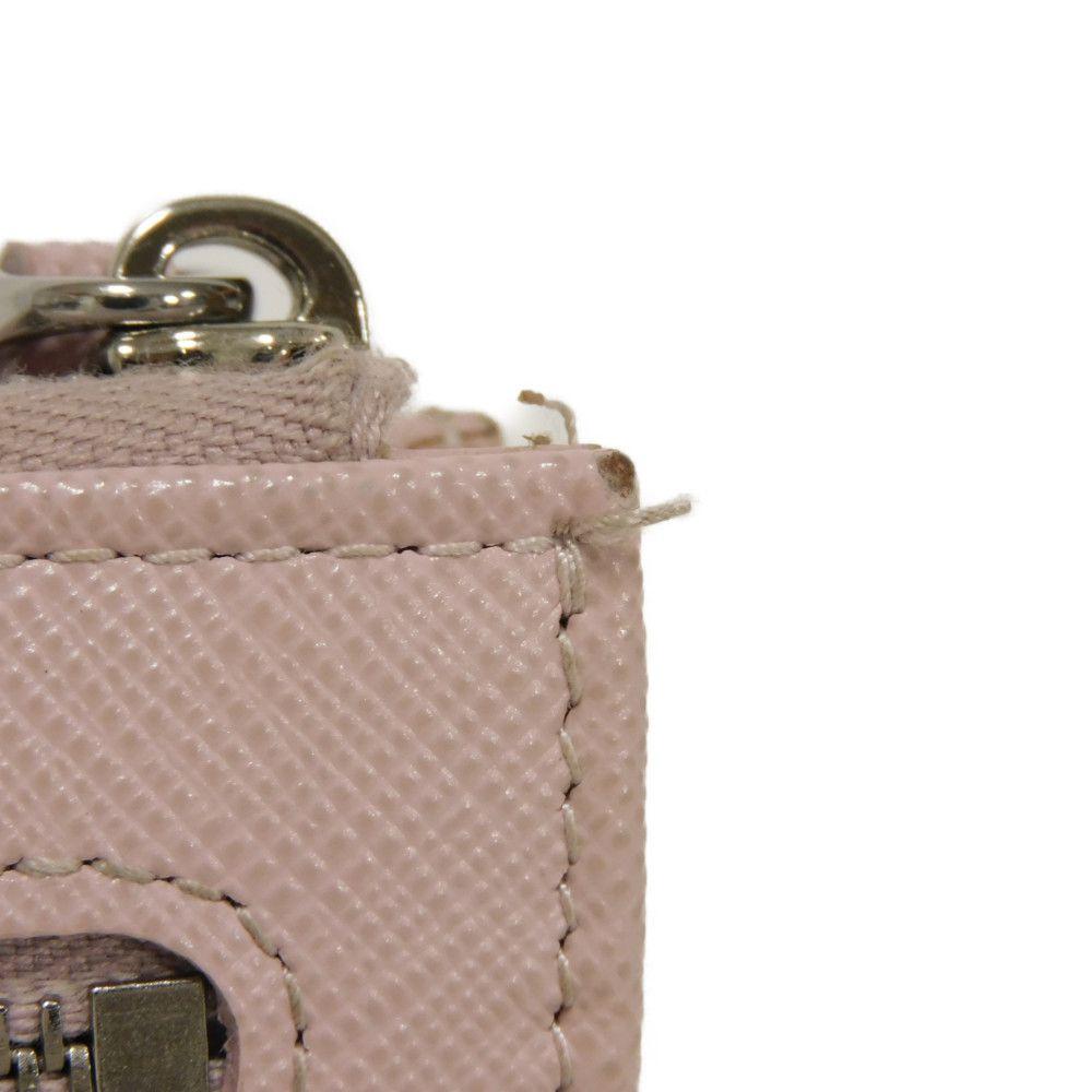 Used Saffiano Keychain 11569 1PP122 7943 L-shaped Zipper Key Ring with Card Case and RFID Triangle Logo, Pink, Women's