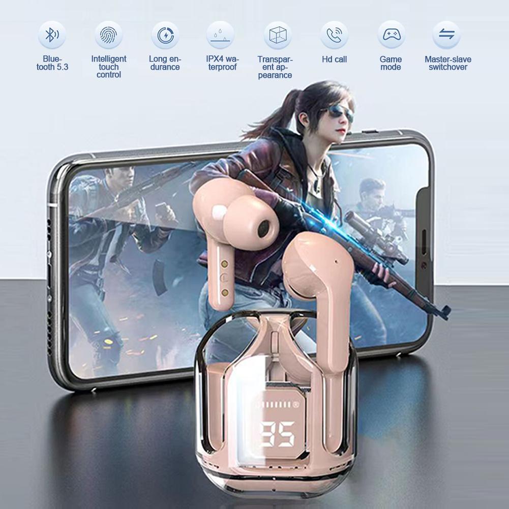 Transparenter kabelloser Bluetooth-Ohrhörer mit Rauschunterdrückung, Stereo-Kopfhörer mit Digitalanzeige, Ladekoffer, wasserdichtes Gaming