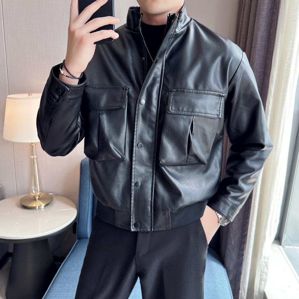 Autumn and winter new men's leather jacket trendy locomotive PU leather jacket casual multi-pocket men's leather jacket