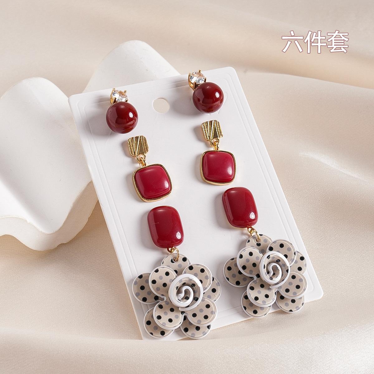 Six-piece acrylic round square flower silver needle earrings atmosphere fashion earrings