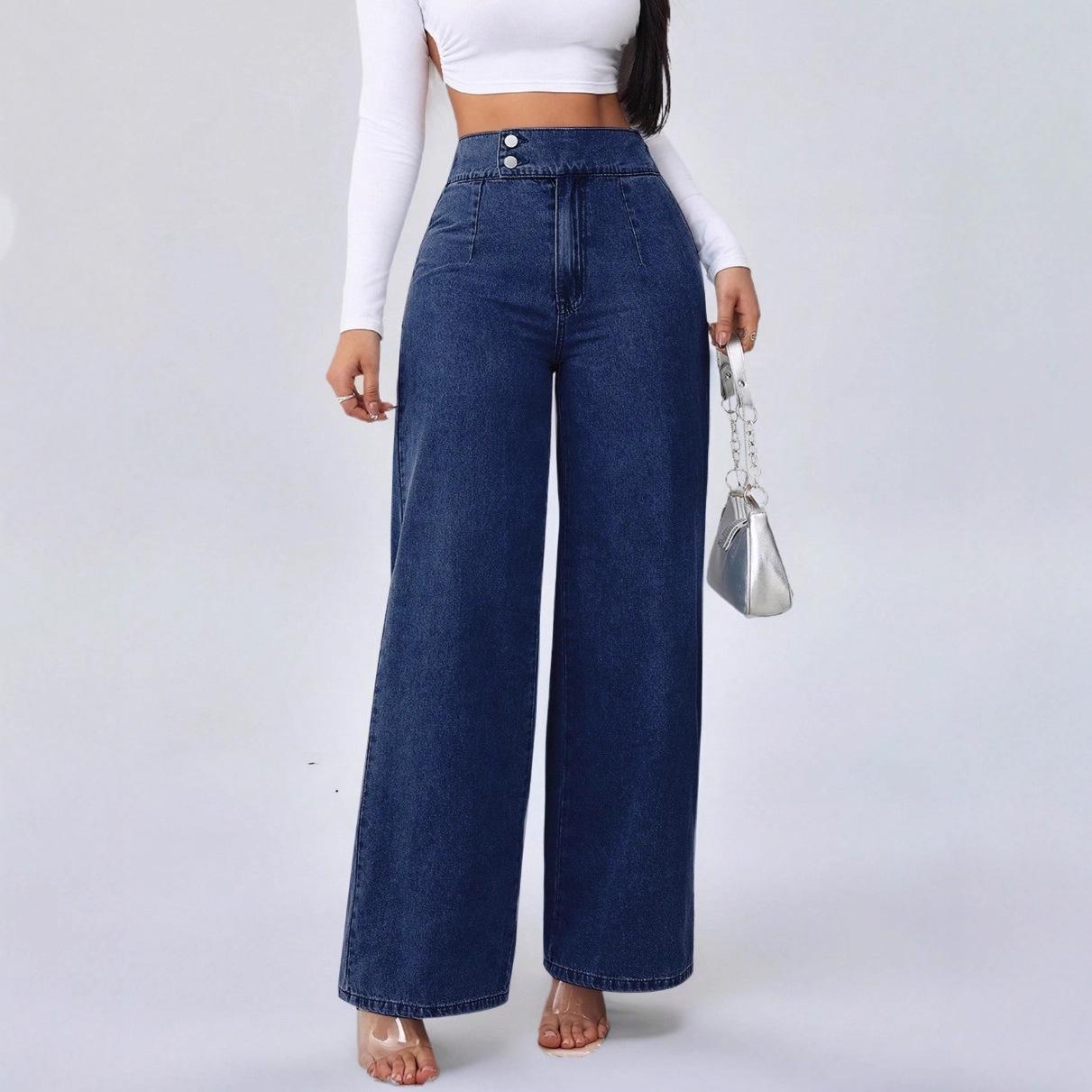 Women s High Rise Wide Leg Jeans Straight Fit Elegant Vintage Dark Blue Medium Stretch Double Button Long Denim Trousers S