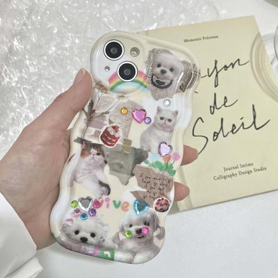 Ins Diy 3d Blingbling Crystal Relif Cartoon Dog Retro Cat Label Cover For Iphone 13 14 Pro Max 12 11 Promax Imd Wavy Phone Case