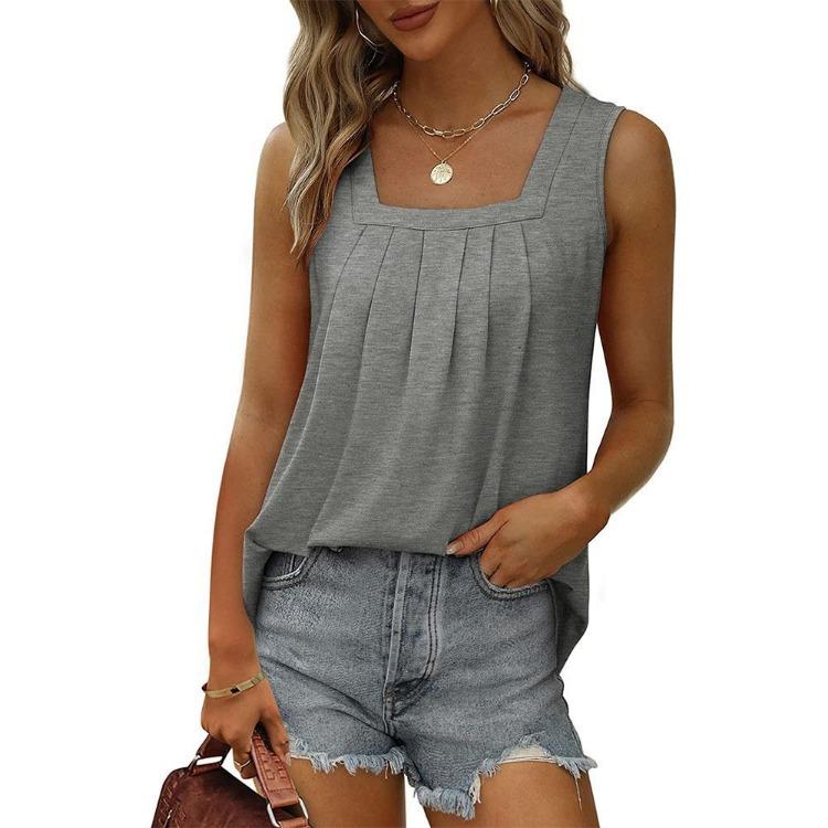 Summer Women T-shirt Sleeveless Vest Casual Square Neck Pullover Top Fashion Solid Color Pleated Female Clothing