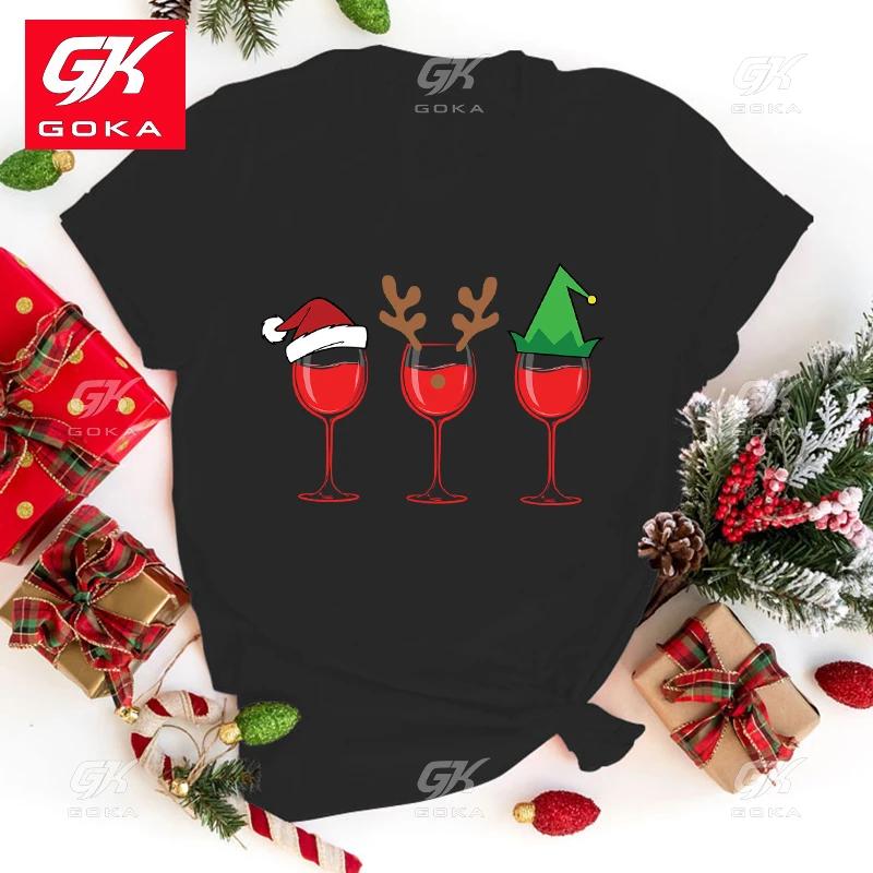 

Women FashionT Shirts Christmas Wine Glass Letter Print Cotton T Shirt Unisex Short Sleeve Graphic Casual Cool Hip Hop Tops Tees 3XL