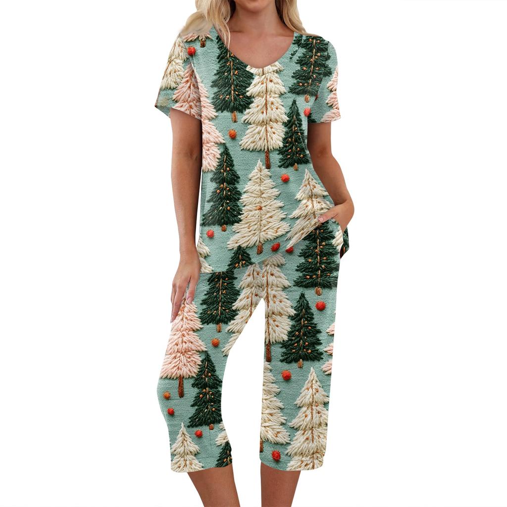 Women's Casual Christmas Print Two-Piece Outfit with Short Sleeve Top and Pants