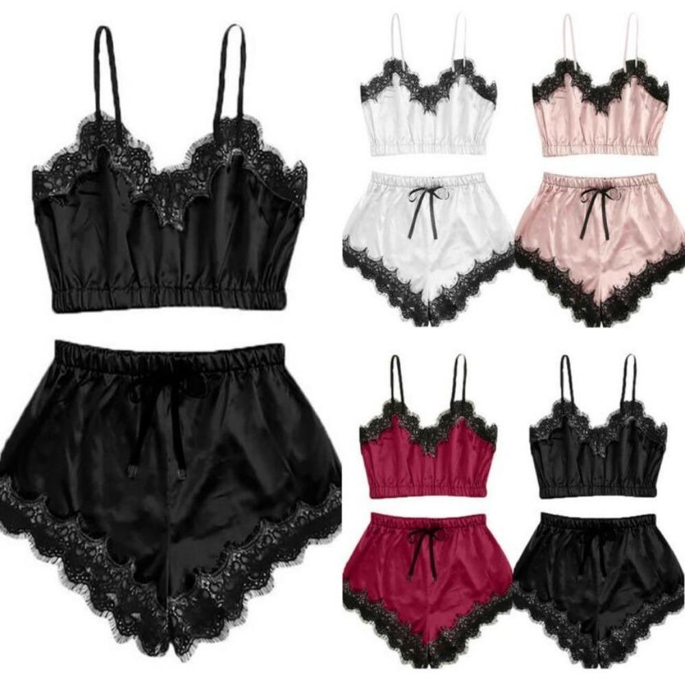 Bretele de lenjerie sexy pentru femei Sexy tentație înfășurată la piept dantelă din satin de mătase Topuri pantaloni scurți set de pijamale