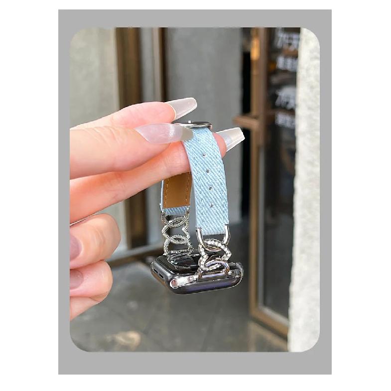 Denim heart Leather loop Correa For Apple Watch band Series 10/9/8/7/6/5 38mm 40mm 41mm 42mm 44mm 45mm 46mm 49mm Strap