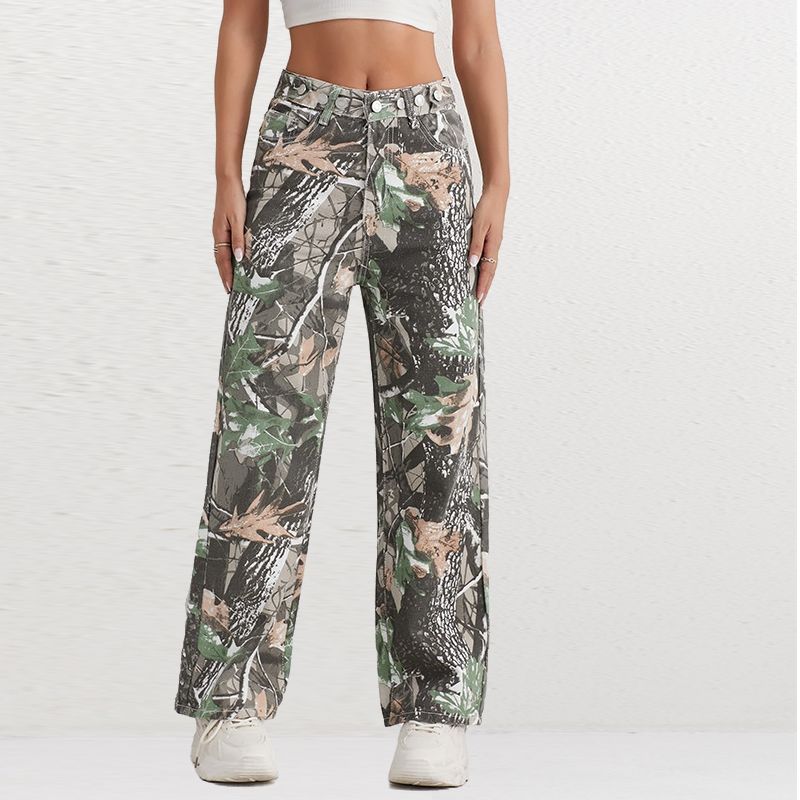 Puffanpop Women's Jeans Camouflage Cargo Pants Straight Wide Leg Jeans High Waisted Casual Jeans