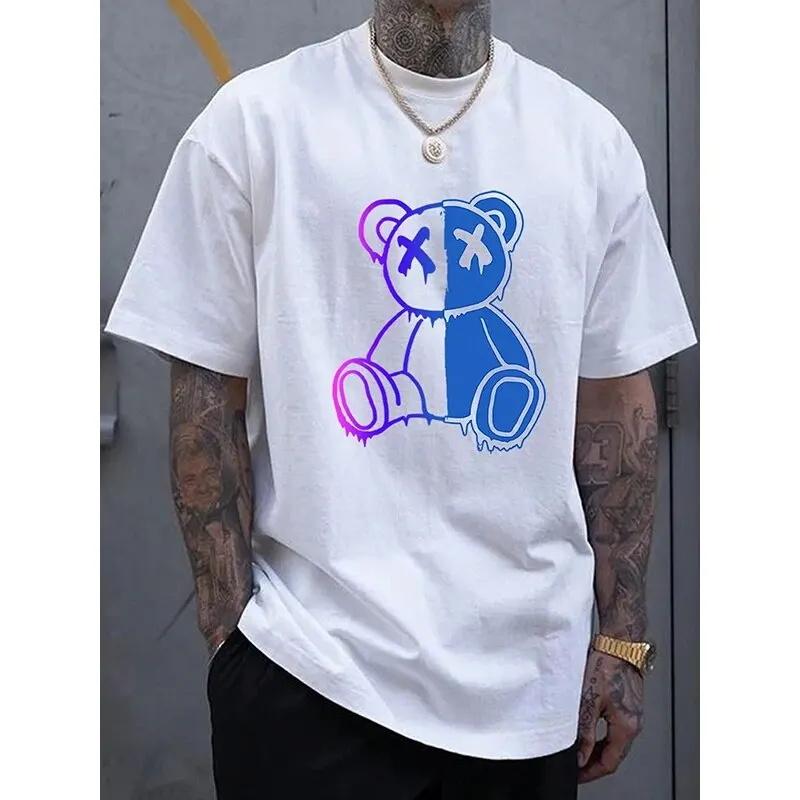 

2024 Summer Fashion Cartoon Bear Print Mens Tshirt New Solid Colour O-Neck T-Shirt Street Hip-Hop Tops Classic Casual Tees 4XL