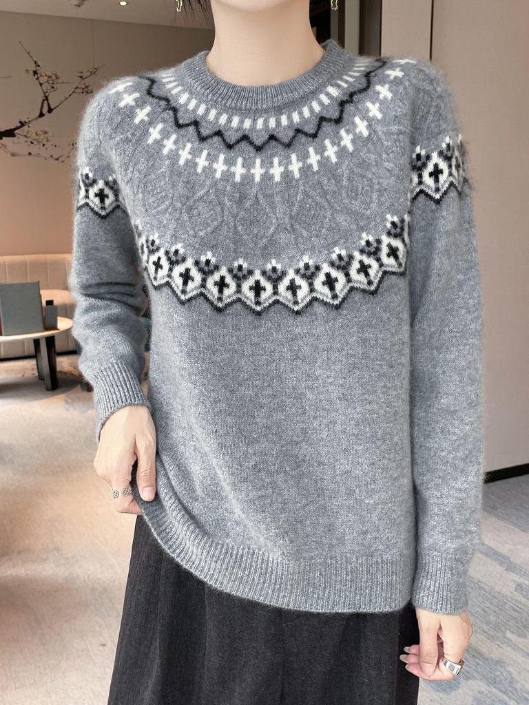 Women's Pure Wool Fair Isle Sweater - Round Neck, Long Sleeve, Loose Fit Knitwear