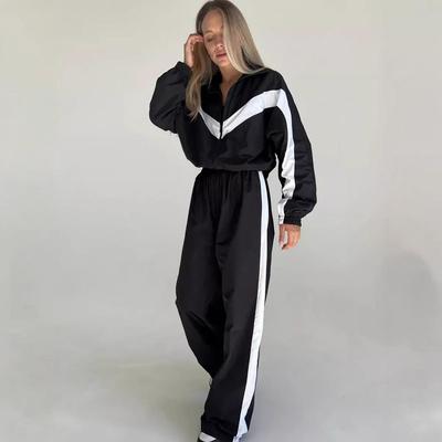 Dames Svart Hvit Track Suit Sett med Glidelås og Vide Ben, Casual Sportsklær Todelt Antrekk