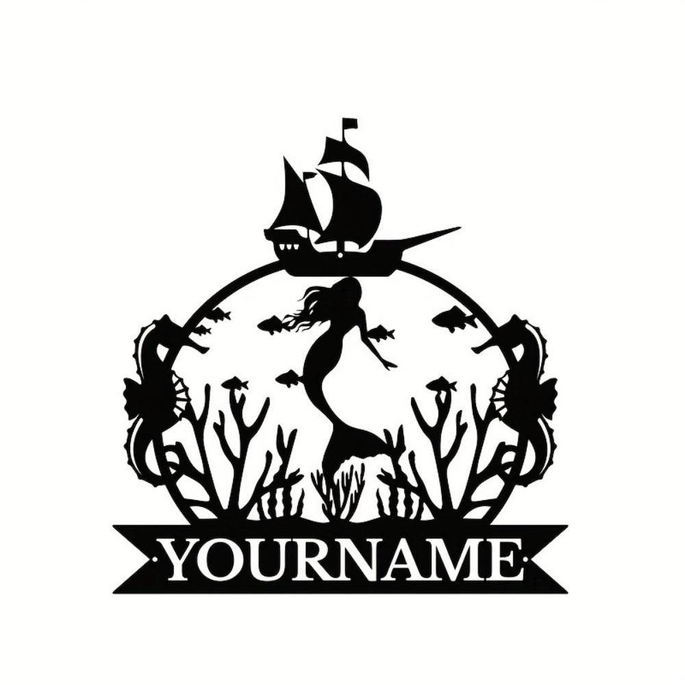 Iron Art Wall Decor Mermaid Name Sign Personalized Black Metal Indoor Outdoor Bedroom Gift