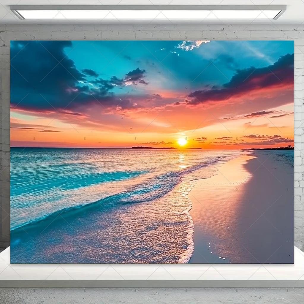 Summer sunset themed photography backdrop, palm trees, tropical ocean, beach, natural landscape, party banner, decor3068