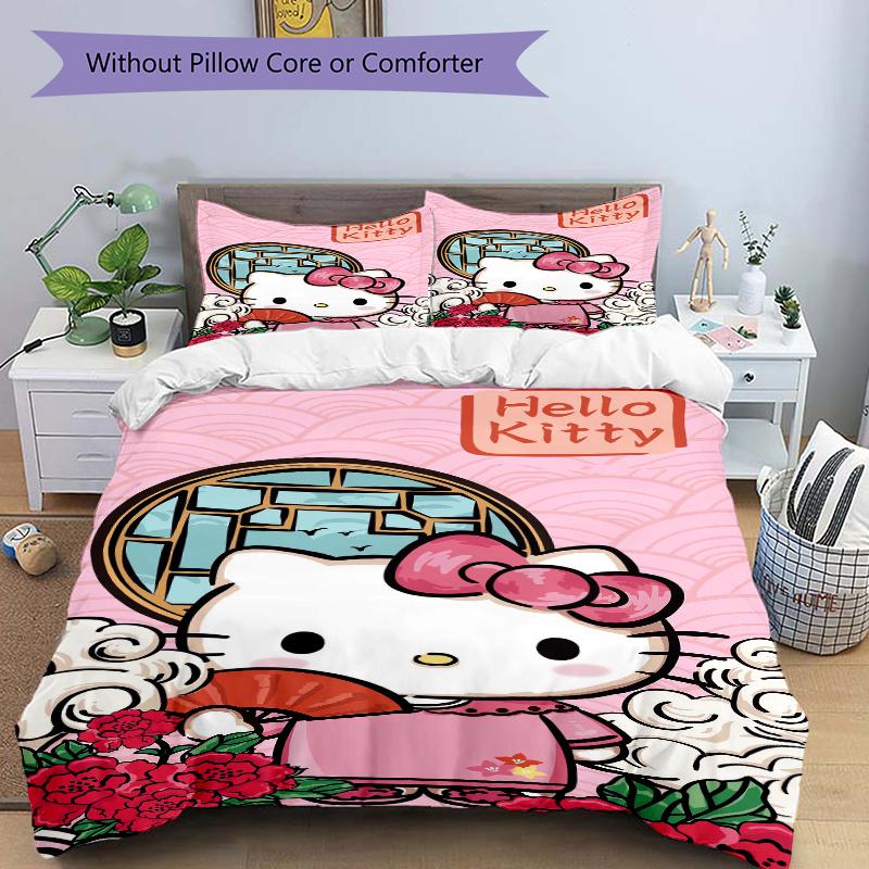 3pcs Ancient Style Hello Kitty Pattern Bedding Three-Piece Set (1 Cover + 2 Pillowcases, No Fillings), Soft and Comfortable W004