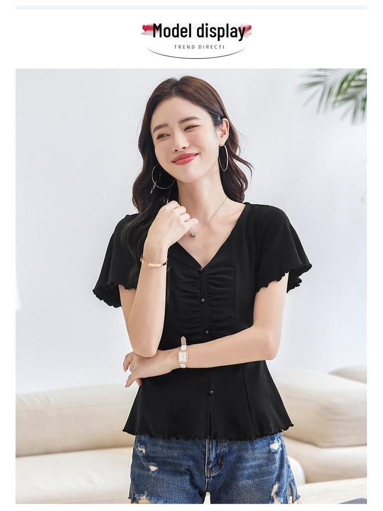 Frühling/Sommer 2025 Damen V-Ausschnitt Kurzarm T-Shirt - Koreanischer Stil mit süßen Rüschenärmeln