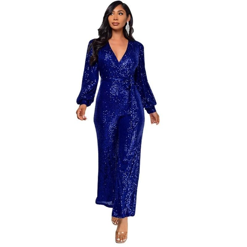 

V-neck Fashion Casual One-piece Long-sleeved Waist Sequined One-piece Women s Clothing L синій