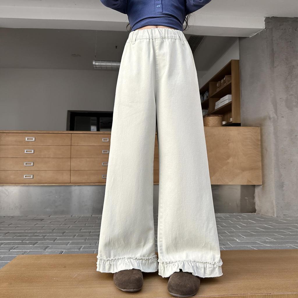 Girls' Fashionable Lace Wide-Leg Pants for Spring and Fall - Casual Straight-Leg Style for Middle and Big Girls