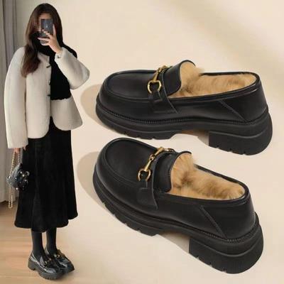 Real Soft Leather Plush Small Leather Shoes Women's 2025 New Winter Versatile Fur Shoes Thick Heels and Platform Fashion Loafers for Women