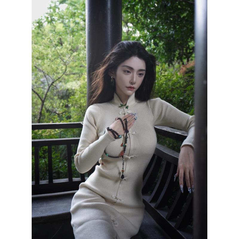 

Autumn women s new black tea style wear with improved cheongsam long-sleeved knitted dress XL