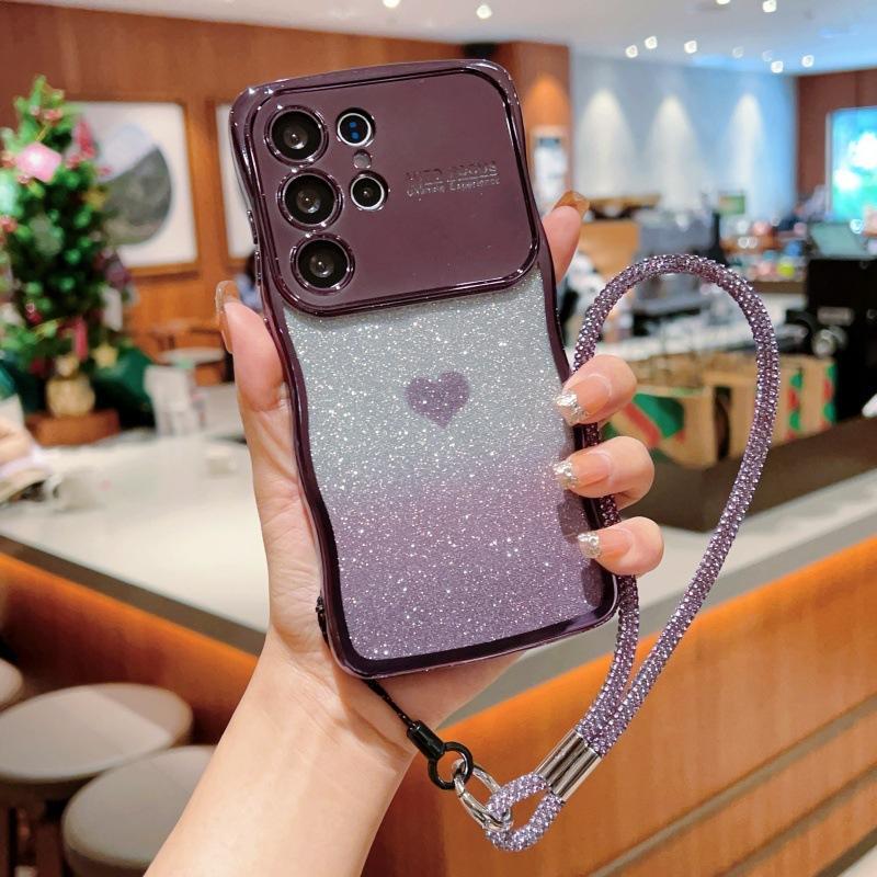 Electroplating wave large window is suitable for Samsung S25 mobile phone case GalaxyS24 love glitter lanyard protective case