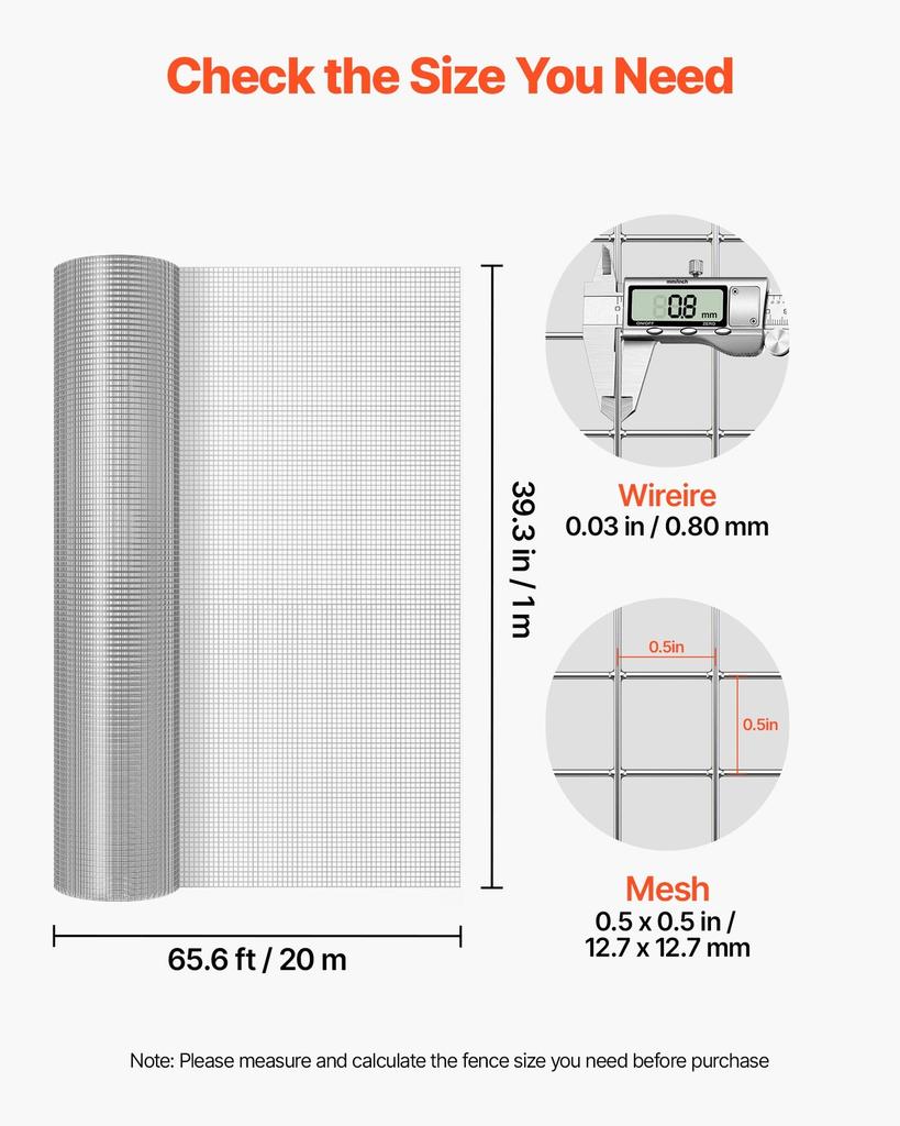 Hardware Cloth, 12.7 Mm 1 X 20 M 0.8 Mm Diameter Chicken Wire Fence, Hot-Dip Galvanized After Welding Metal Wire Mesh Roll, Garden Plant Welded