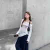 American Retro Printed Slanted Shoulder Off-the-shoulder T-shirt Women's Early Autumn Niche Hottie White Slim-fit Chic Sunscreen Top