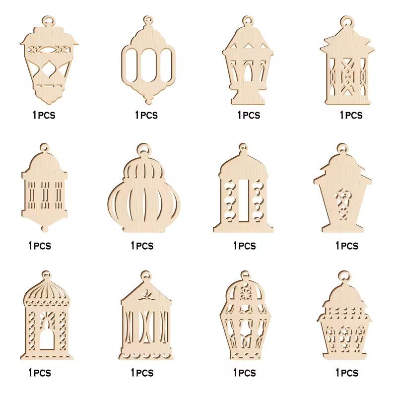 

12PCS Easter Wooden Ornaments Islamic Wood Lanterns and Crescent Decor Eid Al-Fitr Muslim Family s Ramadan Ending Hanging Decor