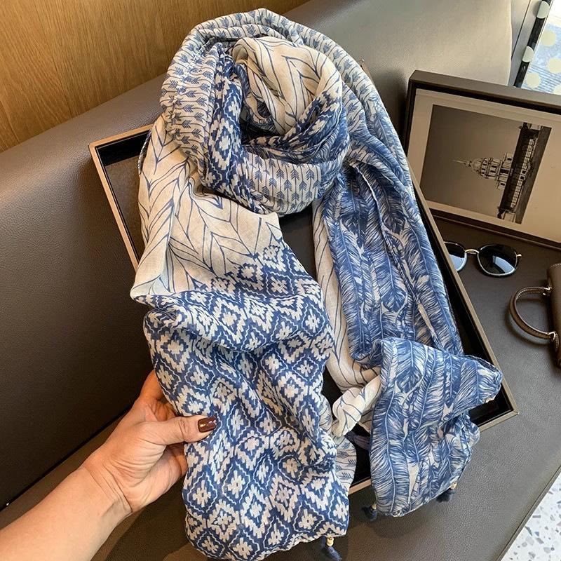 

Elegant Women Silk Scarf Wrap Shawl Blue Print Sunscreen Bandanas Hijab Mujer Lady Scarve Pareo Headscarf Travel Boho Fashion One Size& 8Y