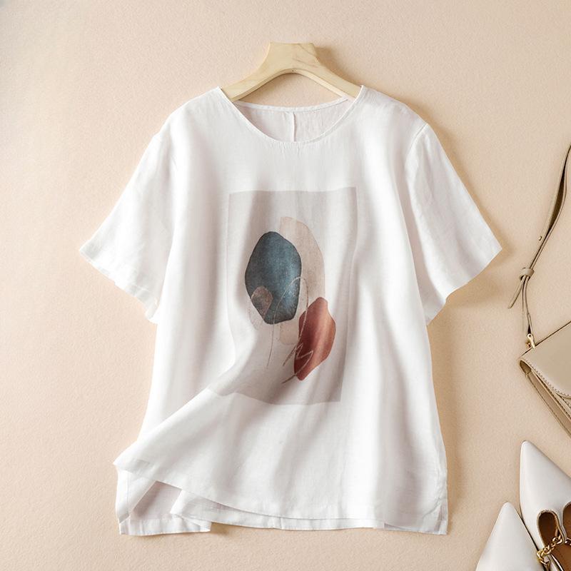 

Женская летняя футболка больших размеров из хлопка и льна с литературным принтом, свободные топы с короткими рукавами 2XL белый