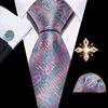 Pearl Brooch with Silk Tie for Men Vintage Floral Teal Necktie Hanky Cufflinks Gift Formal Set