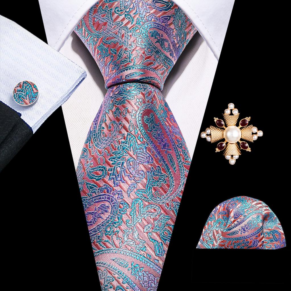 Pearl Brooch with Silk Tie for Men Vintage Floral Teal Necktie Hanky Cufflinks Gift Formal Set