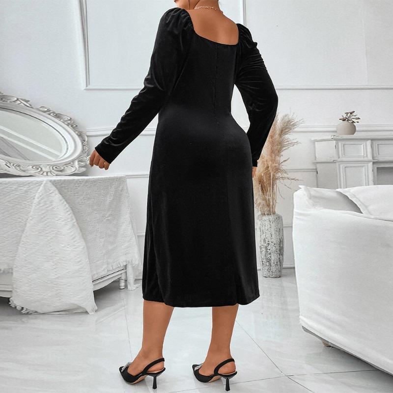 Rochie de damă cu mânecă lungă, guler pătrat, rochie lungă neagră, subțire, sexy, rochie cu fantă la șold, temperament, modă, rochie de petrecere de dimensiuni mari