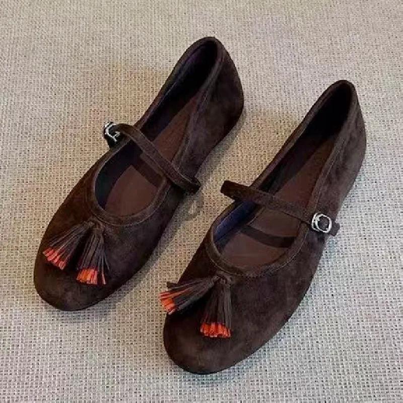 

Fashion Fashion Tassel Decoration Ballet Flats Women Soft Leather Buckle Round Toe Mary Jane Shoe Comfort Shallow Designer Loafers Pumps 40 коричневый