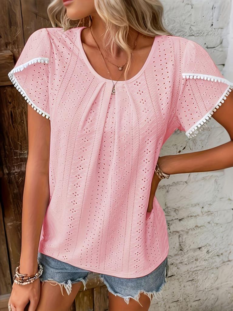 2026 Summer European & American Solid Color Pleated Round Neck Short Sleeve T-shirt