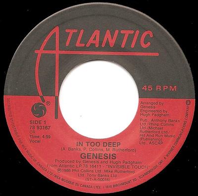 7inch Record GENESIS - In Too Deep / I'd Rather Be You 7893167 Atlantic 1986 Canada Rock Used