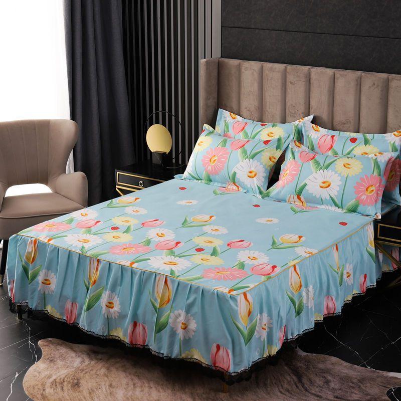 Flower Print Ruffled Bedding Set,Pillowcases Set/Bed Skirt Set,Bed Skirt*1 ,Pillowcases *2 (Size: Twin/Full/Queen/King)