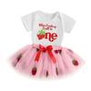 Baby Mädchen Erdbeere Erstgeburtstag Outfit Buchstabenstickerei Kurzarm Strampler Tüllrock mit Schleife 2-teiliges Set