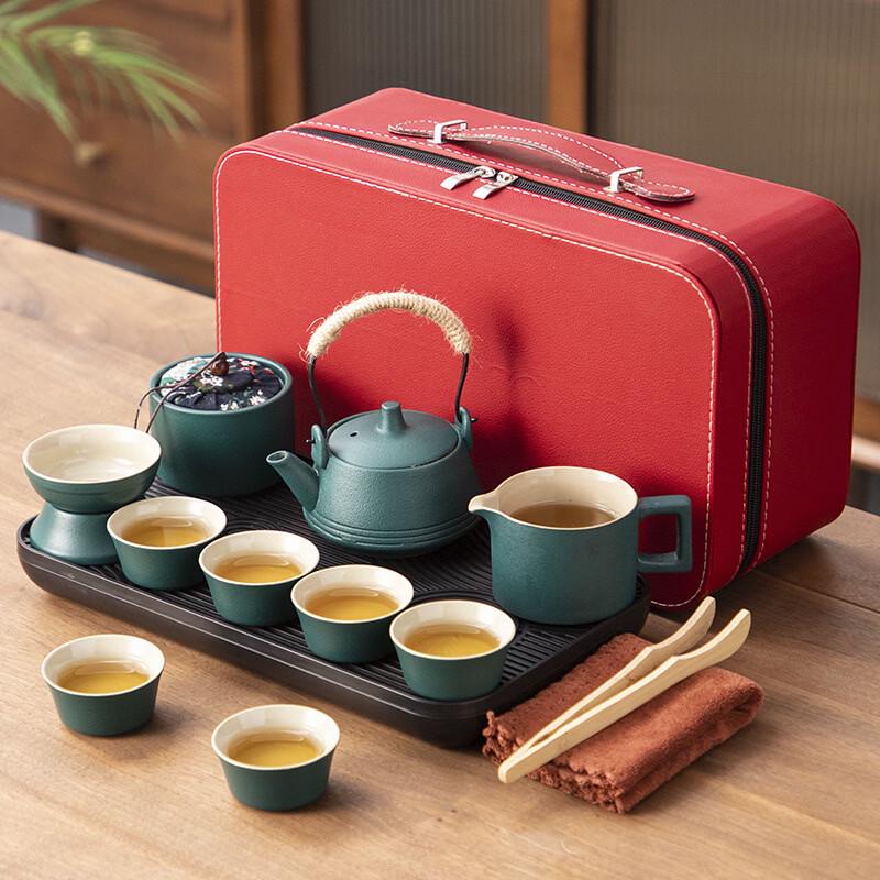 Portable Ceramic Travel Tea Set with Red Bag