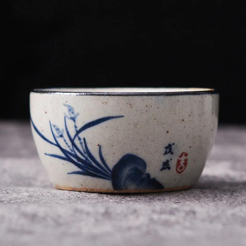 Exquisite Hand Painted Blue and White Coarse Pottery Ceramic Gongfu Teacup Set for Pu Er Tea Ceremony Small Cups Chinese Teaware