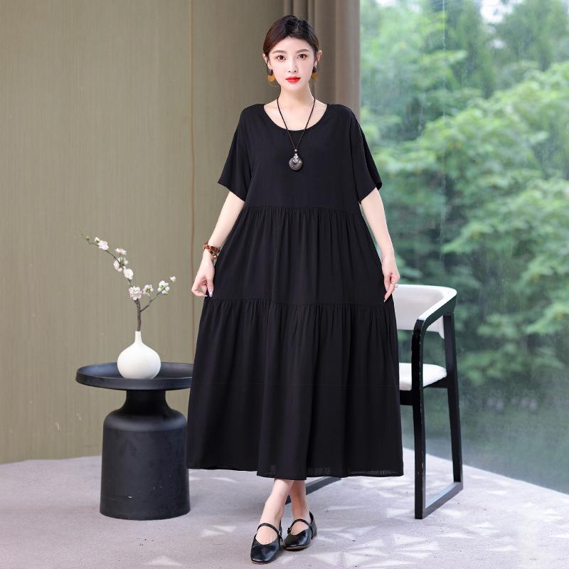 Women's 2022 Summer Solid Cotton Linen Dress - Slimming, Belly-Covering, Plus Size Long Dress