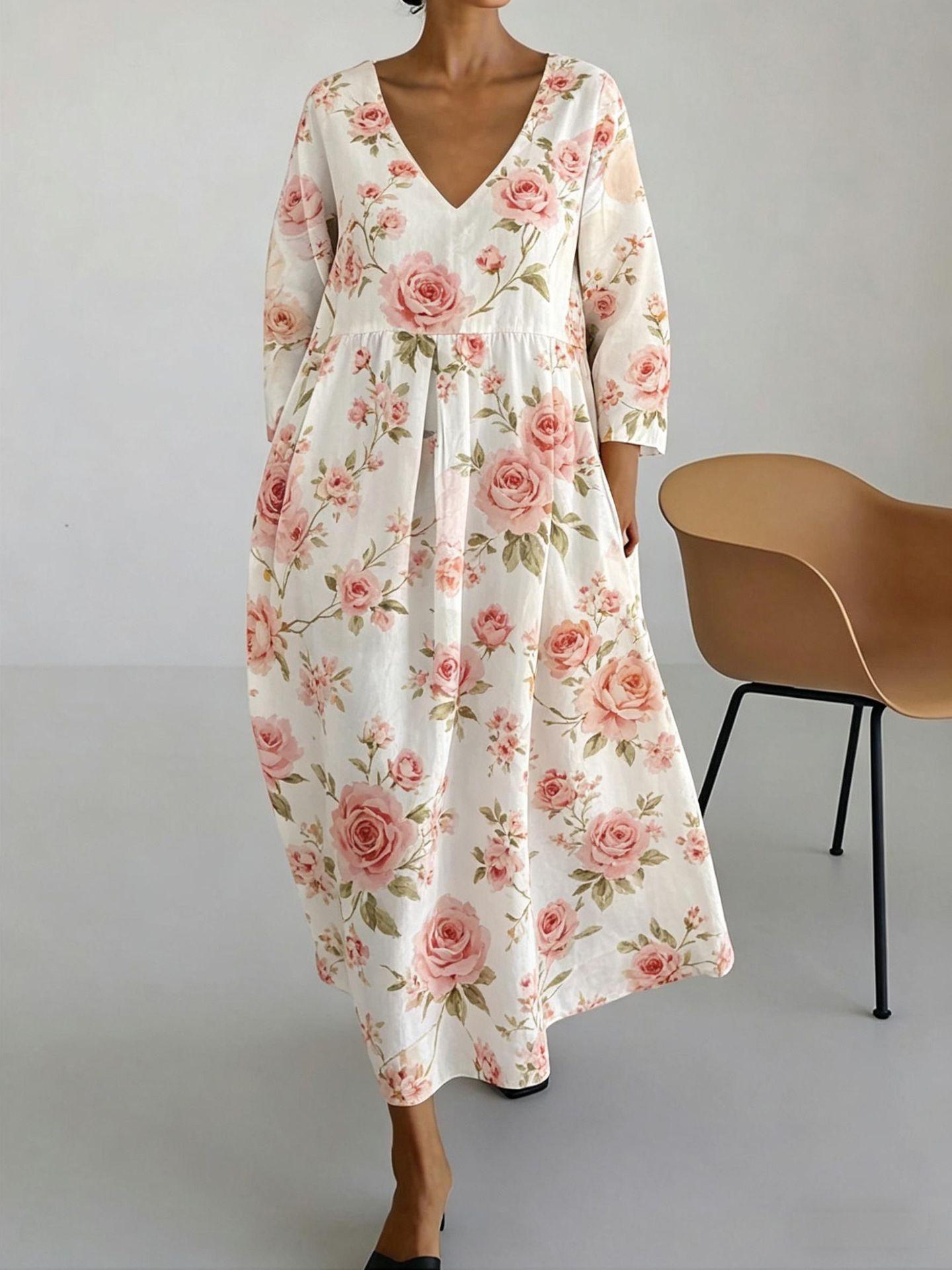 New v-neck printed dress temperament loose dress robe S