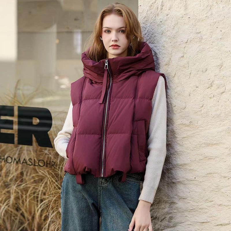 

Бренд Tide пуховый жилет из белого утиного пуха женский 2025 осень и зима модный воротник-стойка утолщенный повседневный жилет с лентами tide S