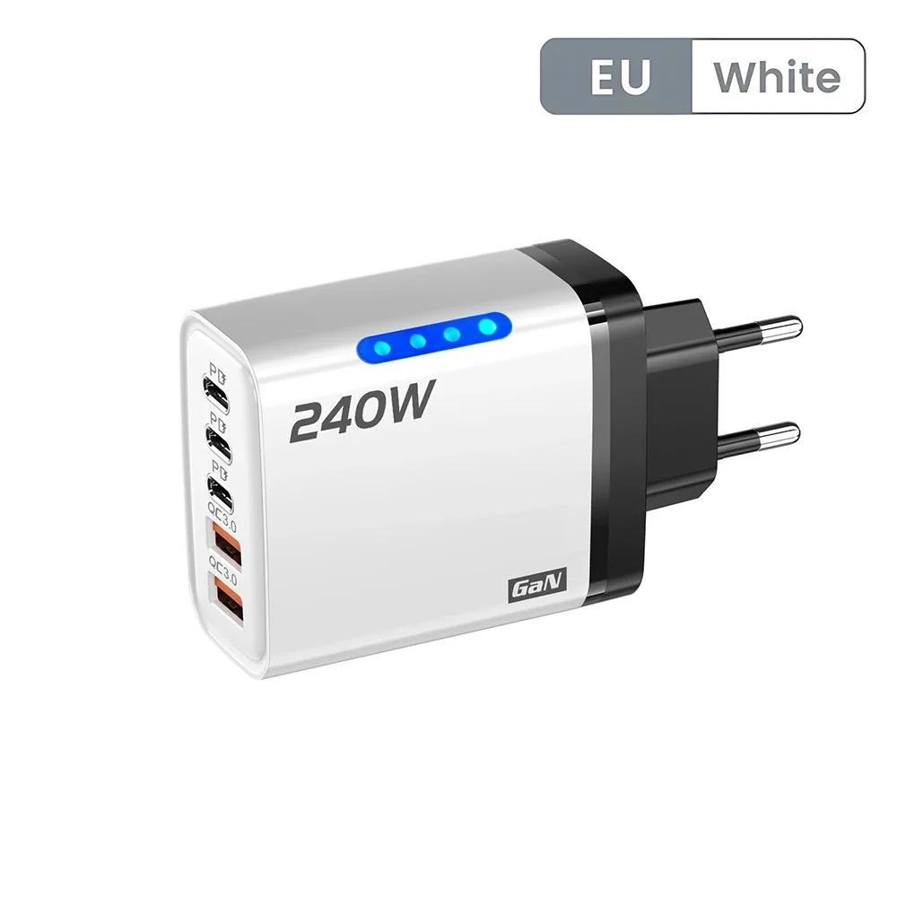 GaN Fast Charger 240W 5 Ports PD Quick Charge 3.0 2USB 3Type C For iPhone 15 16 17 Samsung Xiaomi Huawei Tablet EU US UK Plug