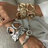 Fashion Diamond Imitation Pearl Spring Bracelet, Textured Metal Double Ring Twist Wide Bracelet