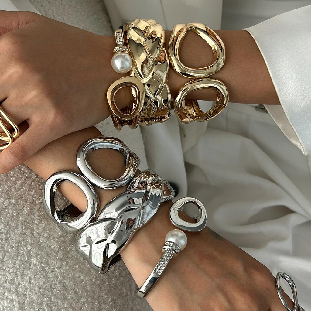 Fashion Diamond Imitation Pearl Spring Bracelet, Textured Metal Double Ring Twist Wide Bracelet