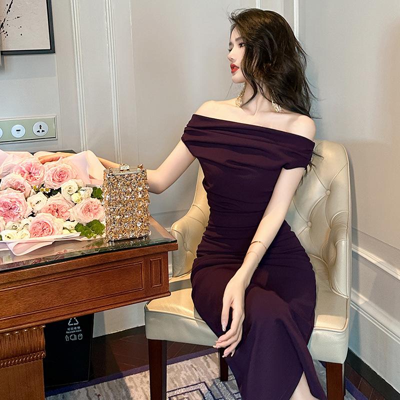 GMXIA Dinner Deluxe Dress Dress Summer Pure Fashion Line Neck Off-the-shoulder Slim Dress